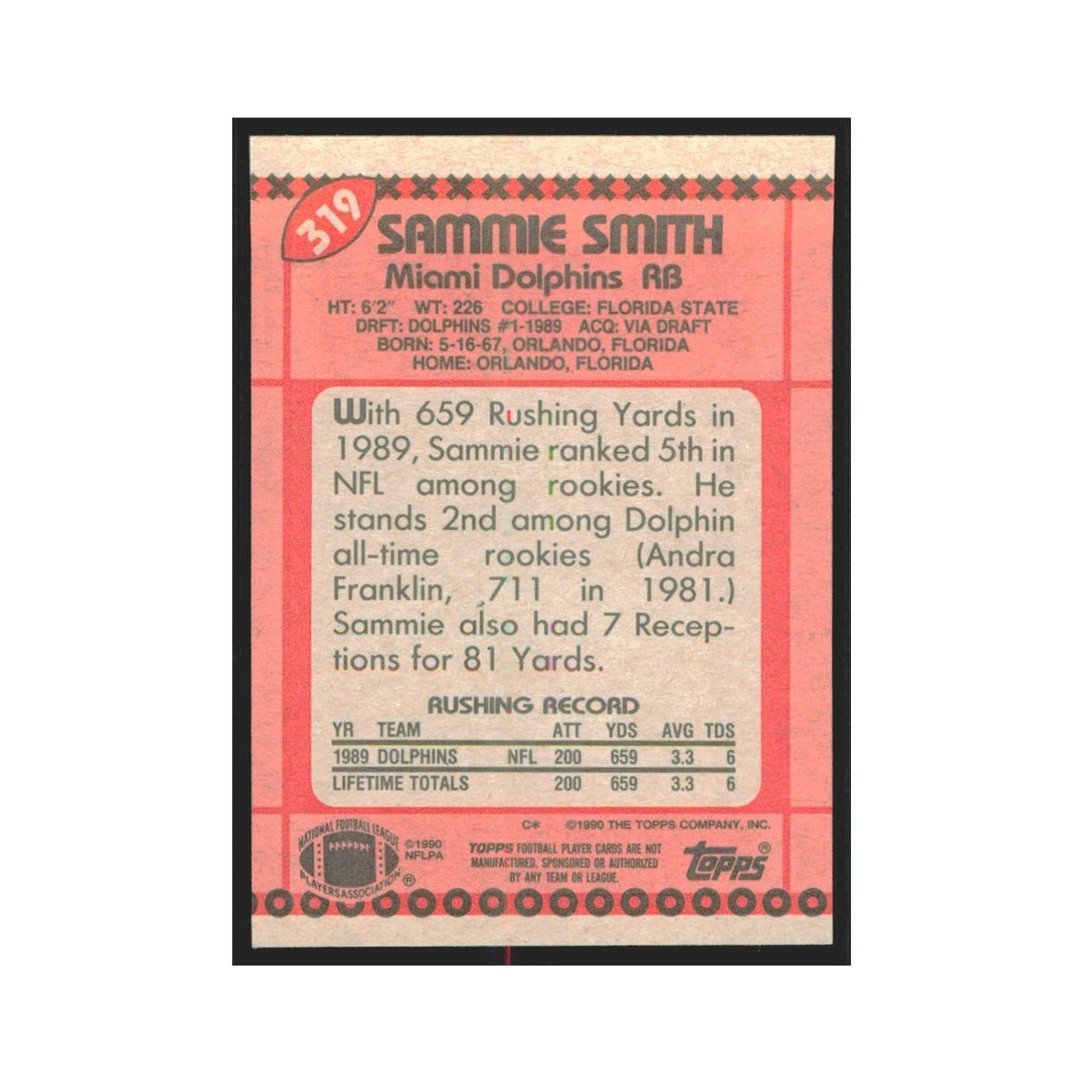 1990 Topps Sammie Smith Dolphins #319