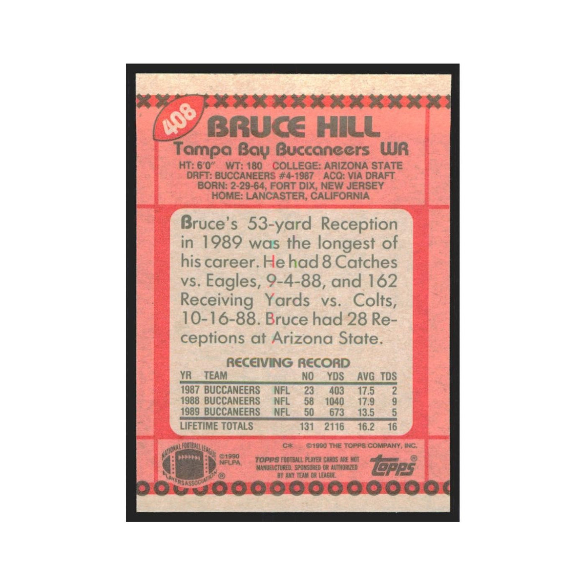1990 Topps Bruce Hill Buccaneers #408