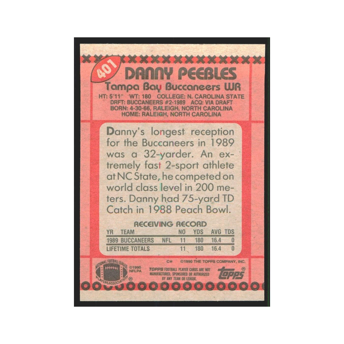1990 Topps Danny Peebles Buccaneers #401