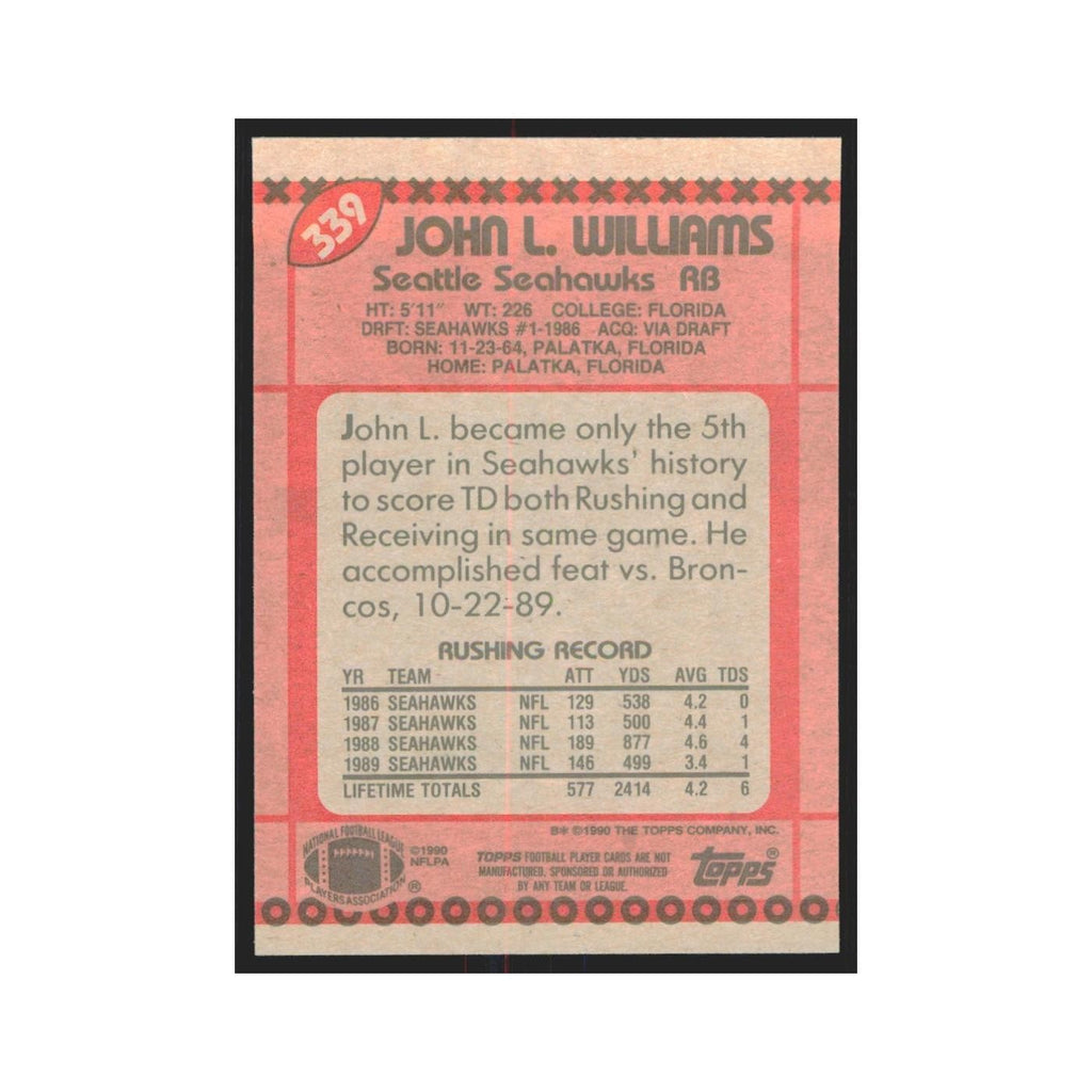 1990 Topps John L. Williams Seahawks #339