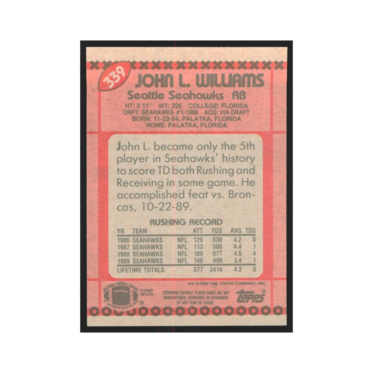 1990 Topps John L. Williams Seahawks #339