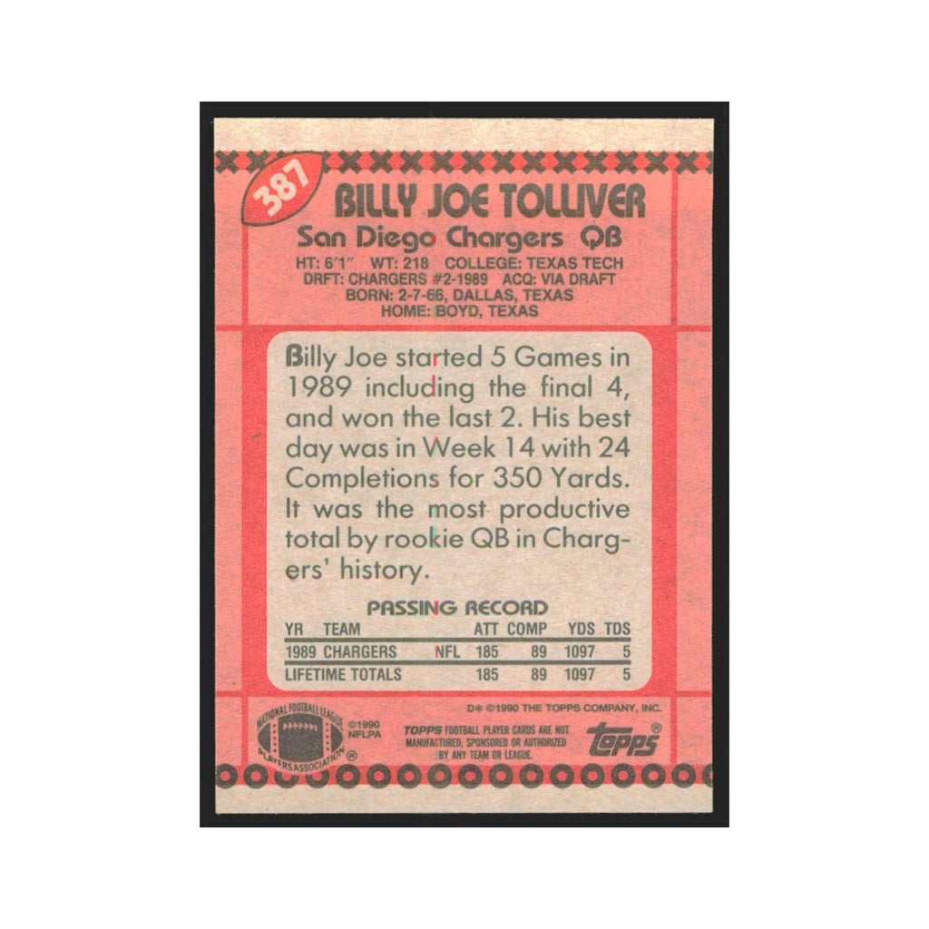 1990 Topps Billy Joe Tolliver San Diego Chargers #387