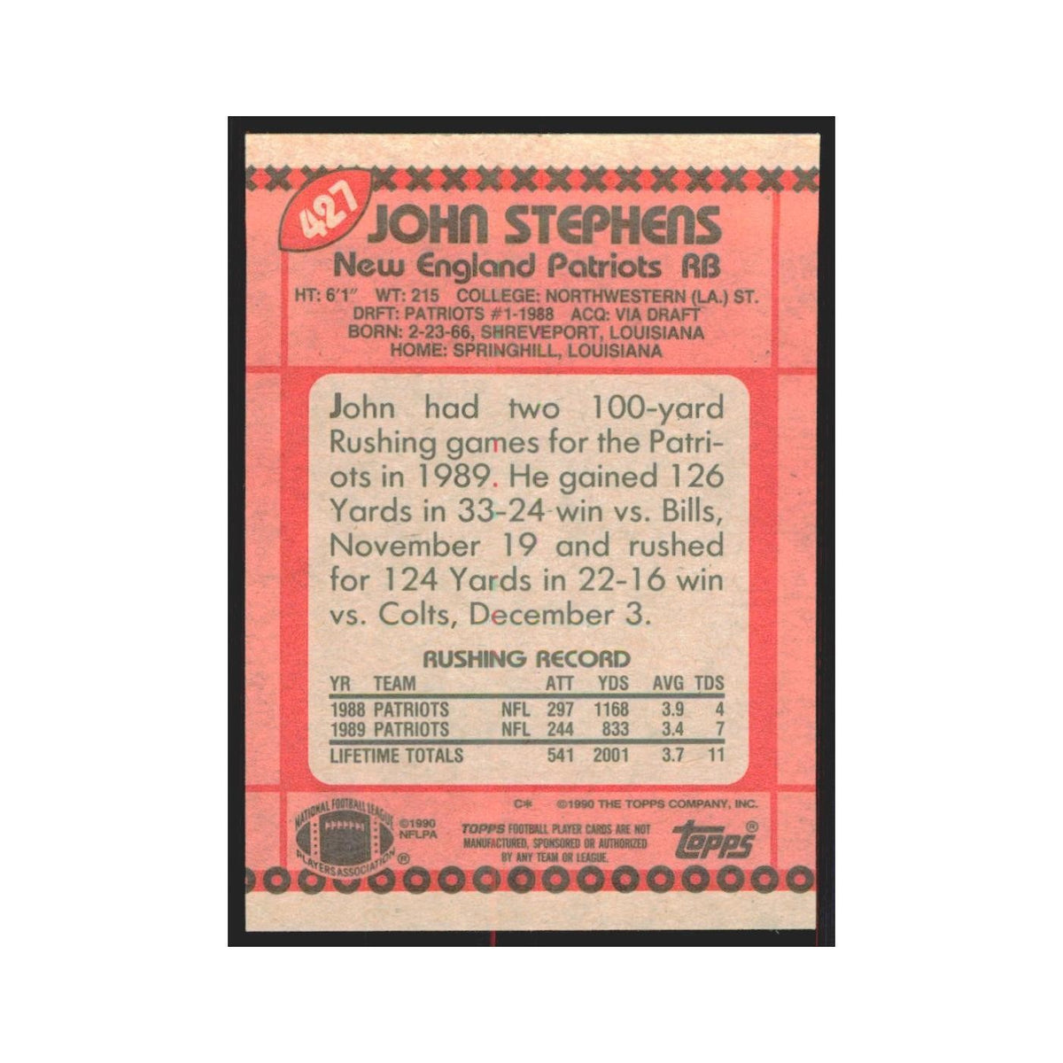 1990 Topps John Stephens Patriots #427