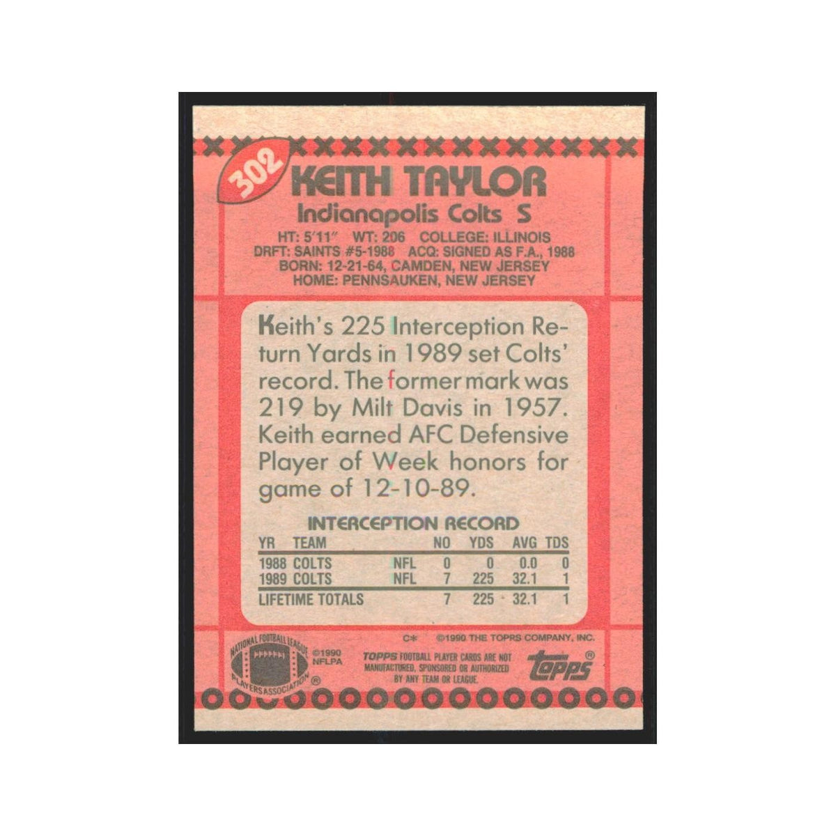 1990 Topps Keith Taylor Colts #302