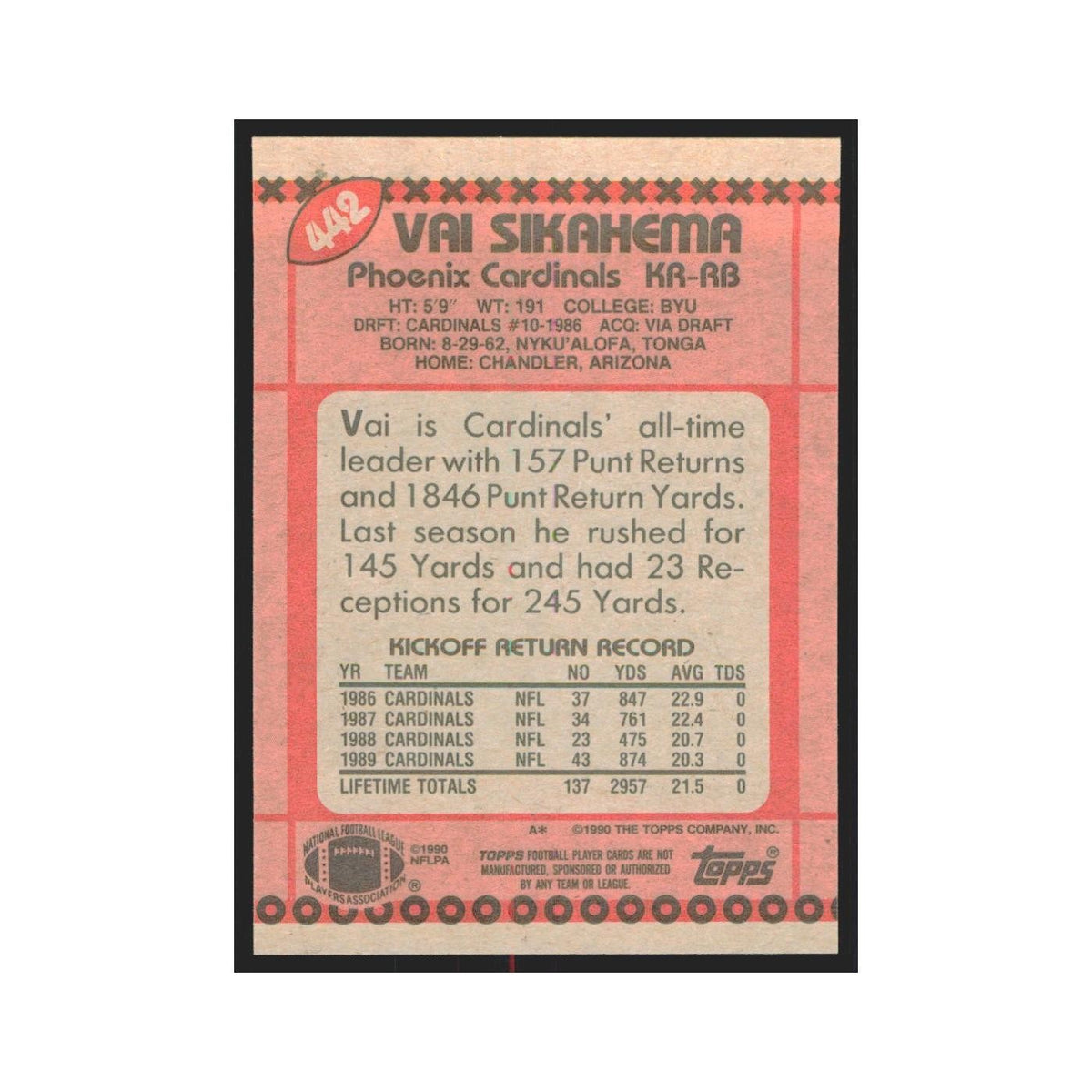 1990 Topps Vai Sikahema Phoenix Cardinals #442