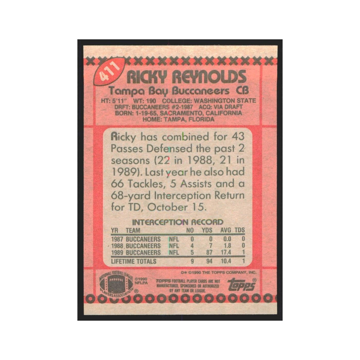 1990 Topps Ricky Reynolds Buccaneers #411
