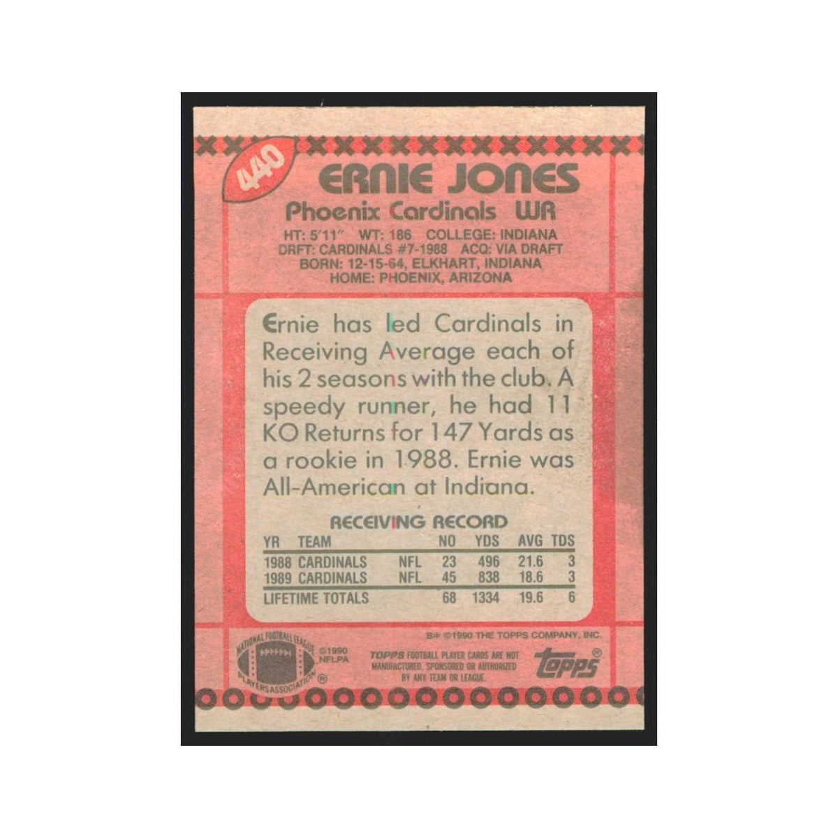 1990 Topps Ernie Jones RC Phoenix Cardinals #440
