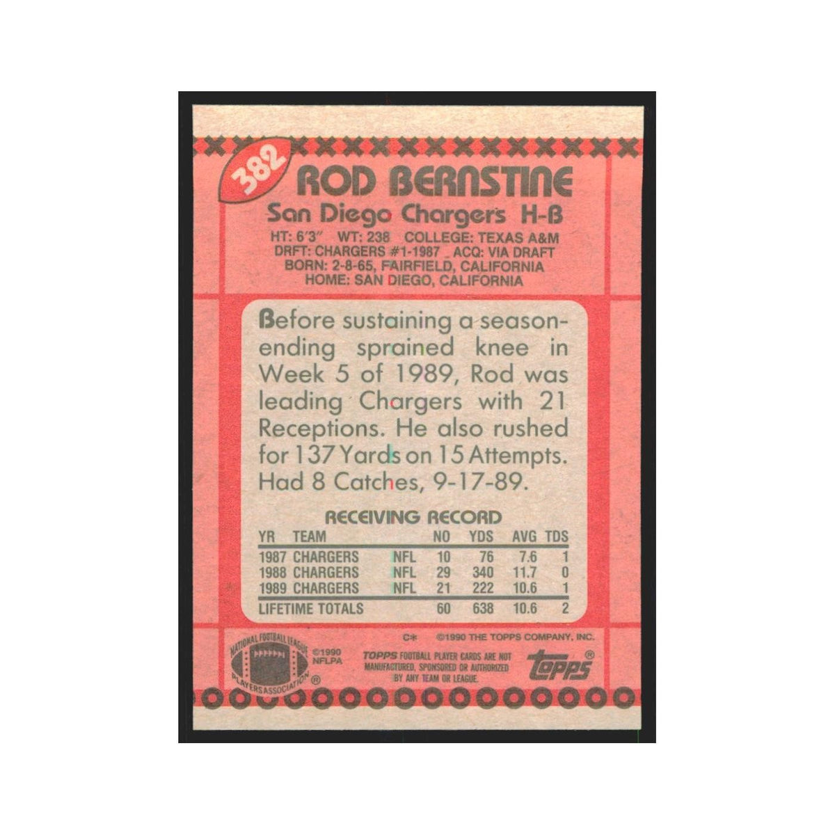 1990 Topps Rod Bernstine San Diego Chargers #382