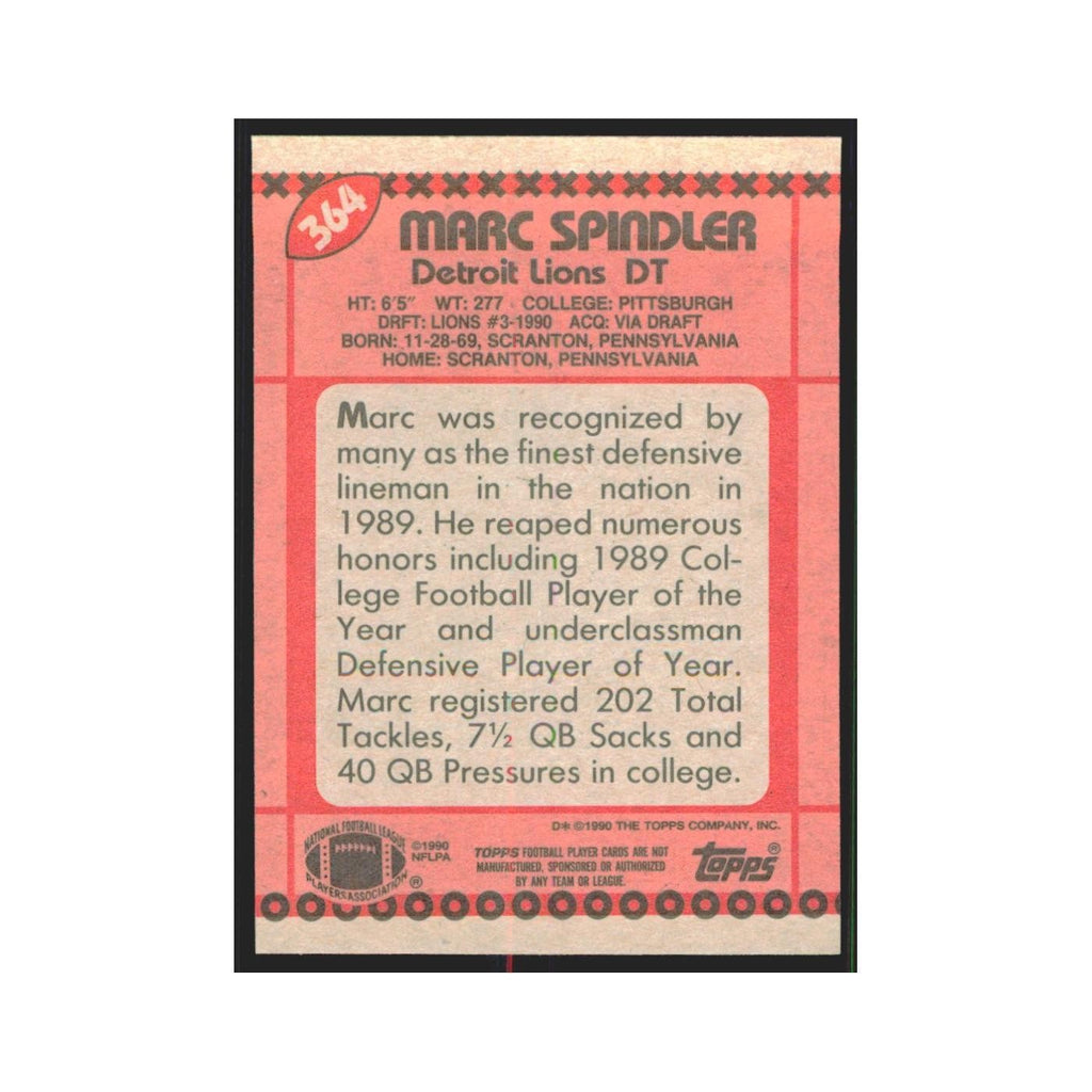 1990 Topps Marc Spindler RC Lions #364