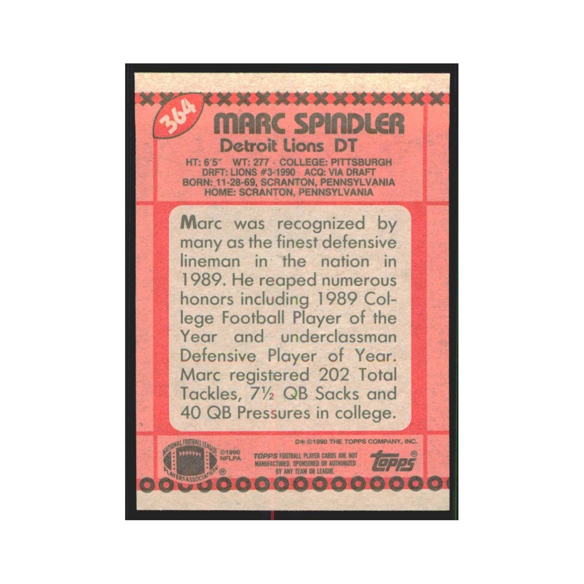1990 Topps Marc Spindler RC Lions #364