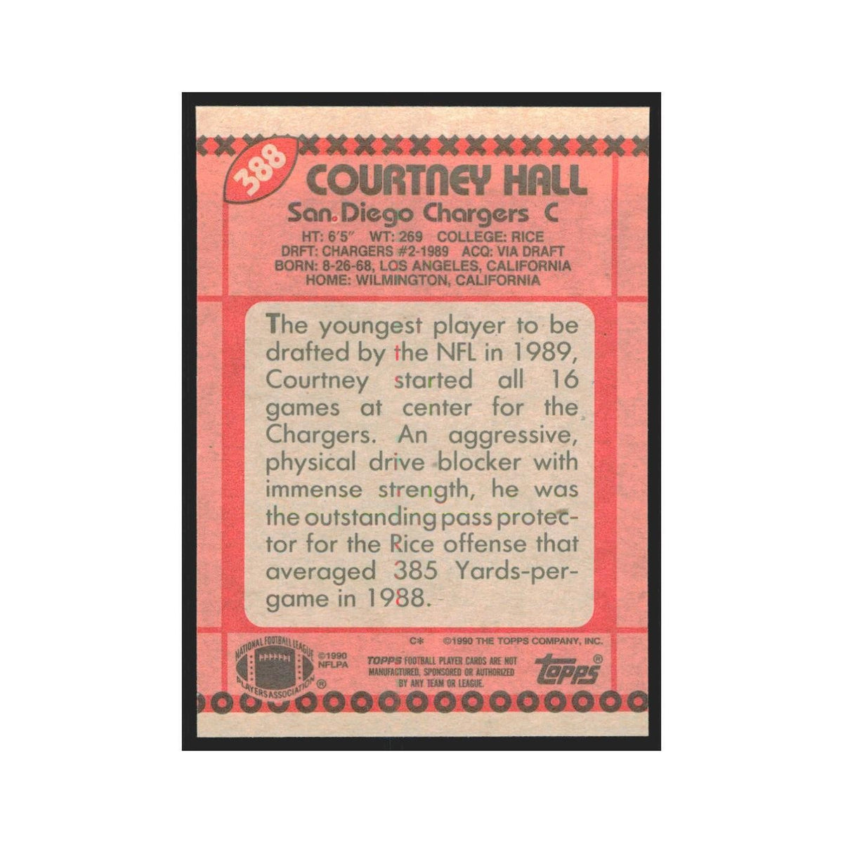 1990 Topps Courtney Hall San Diego Chargers #388