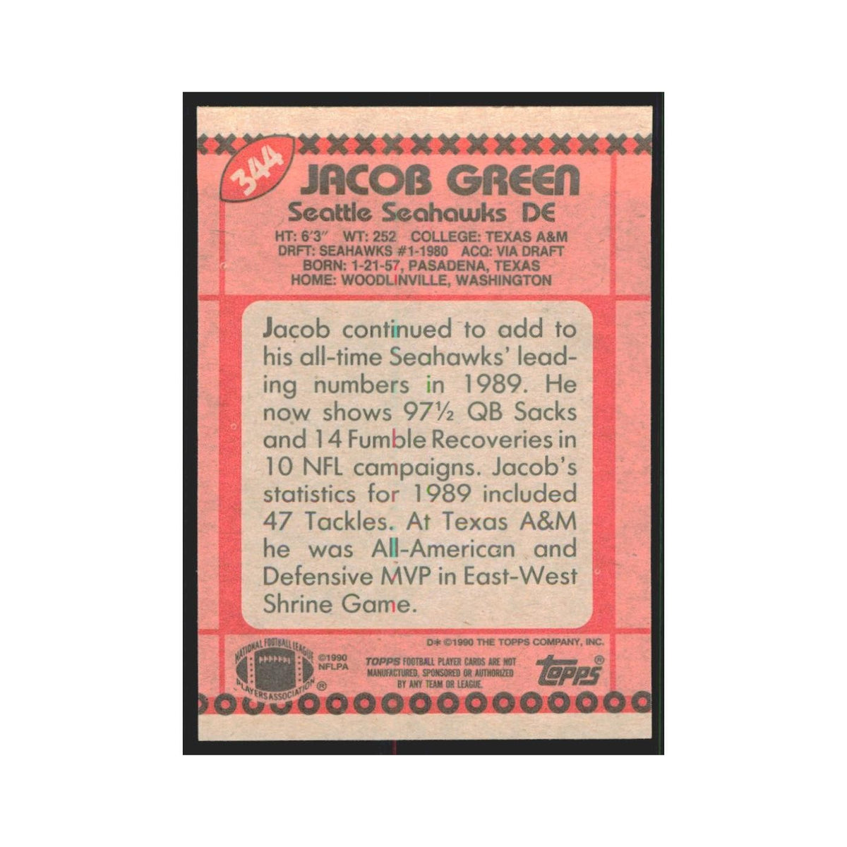 1990 Topps Jacob Green Seahawks #344