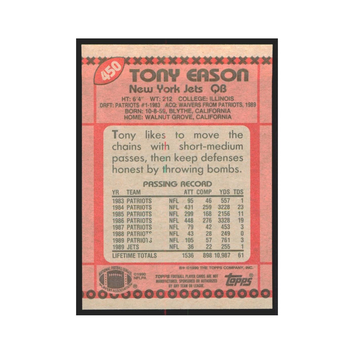 1990 Topps Tony Eason Jets #450
