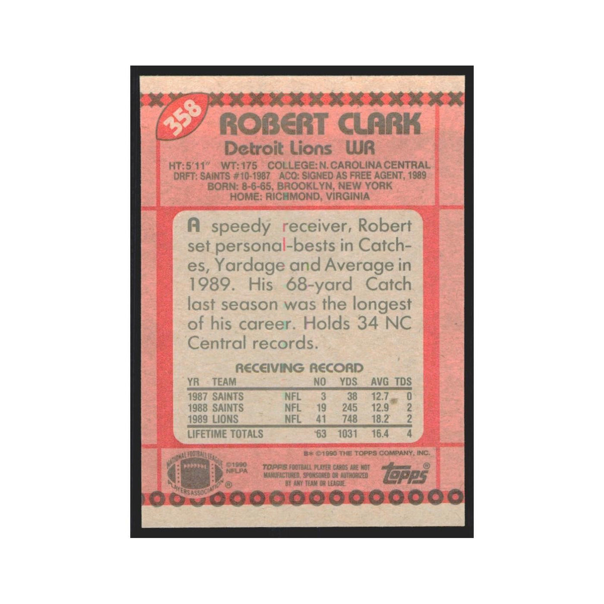 1990 Topps Robert Clark Lions #358