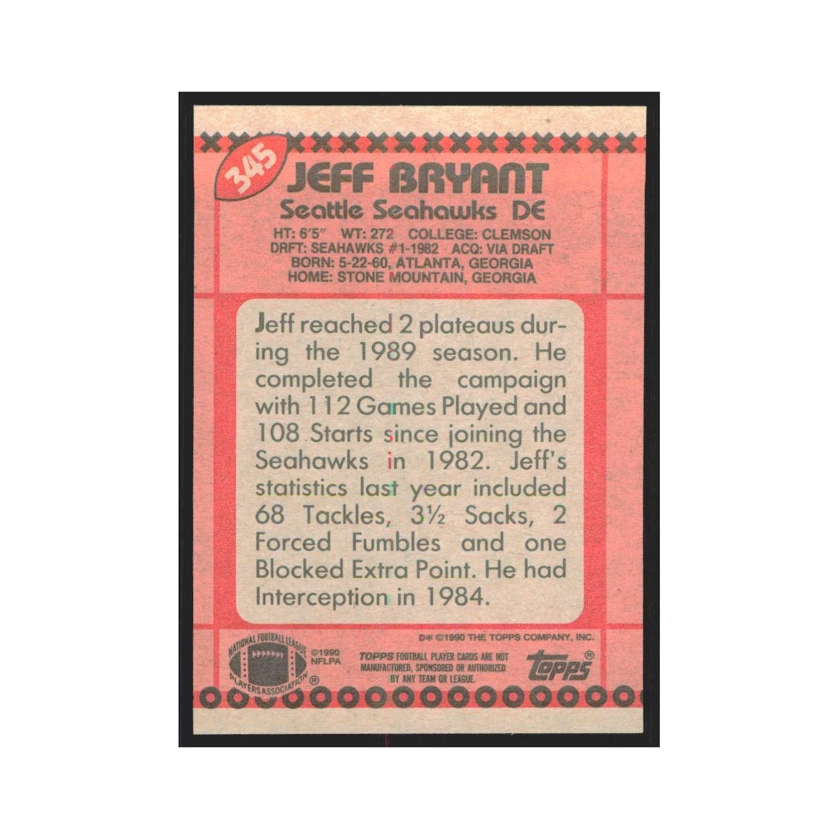 1990 Topps Jeff Bryant Seahawks #345