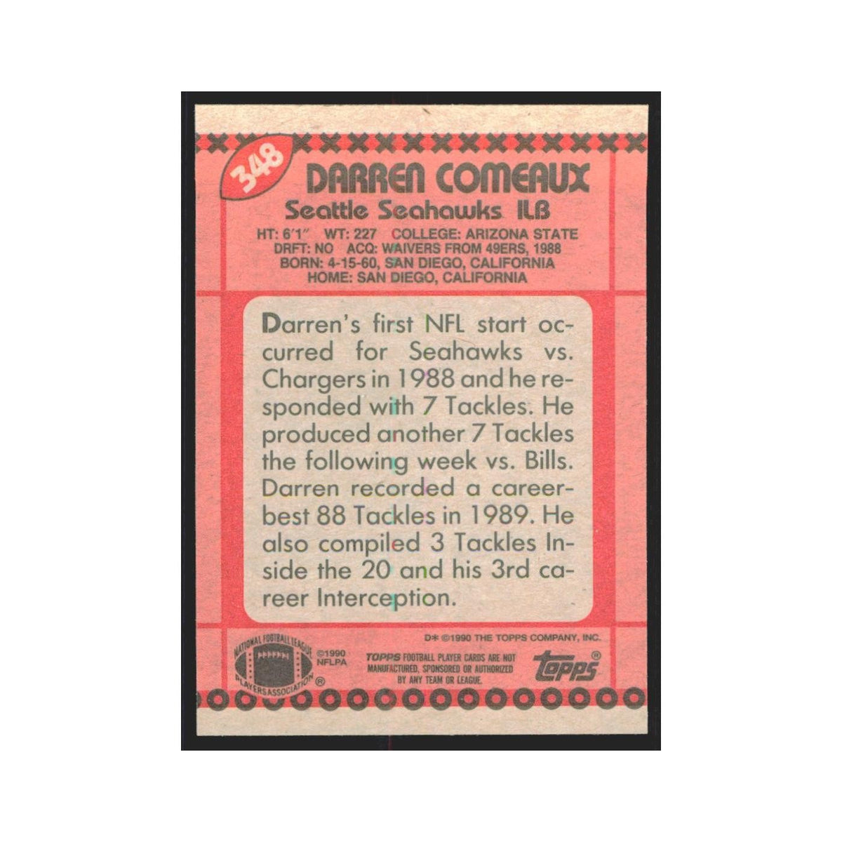 1990 Topps Darren Comeaux RC Seahawks #348