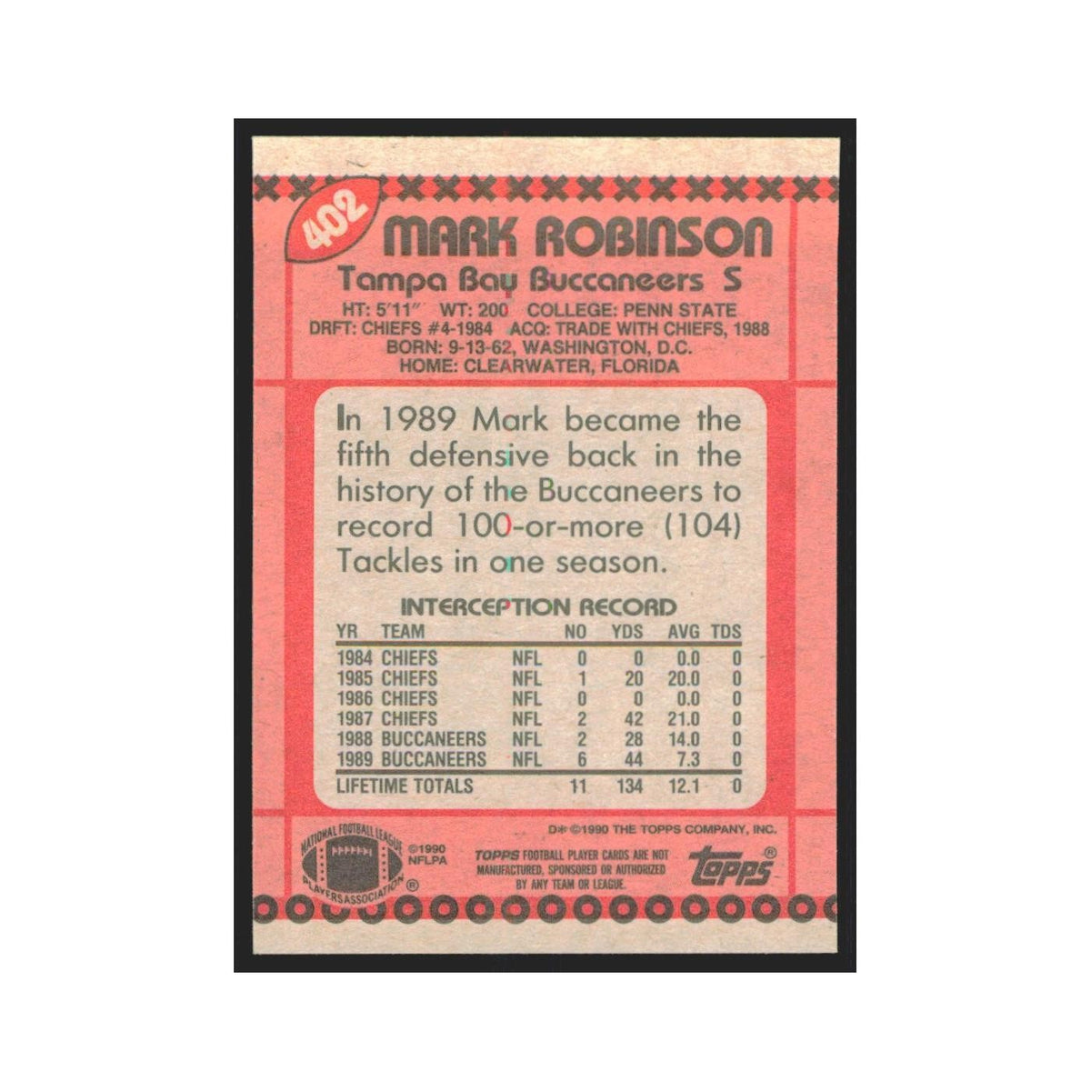 1990 Topps Mark Robinson Buccaneers #402