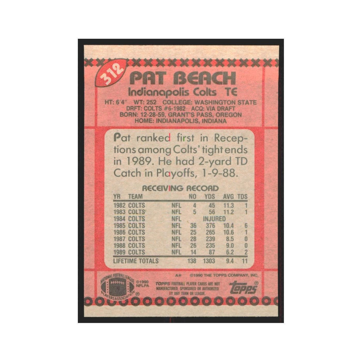 1990 Topps Pat Beach Colts #312