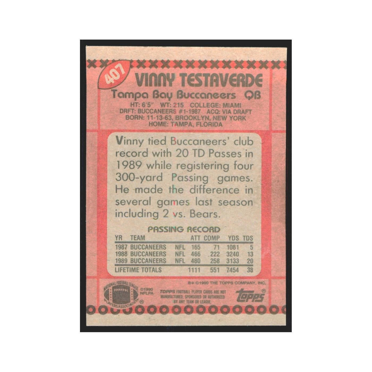 1990 Topps Vinny Testaverde Buccaneers #407