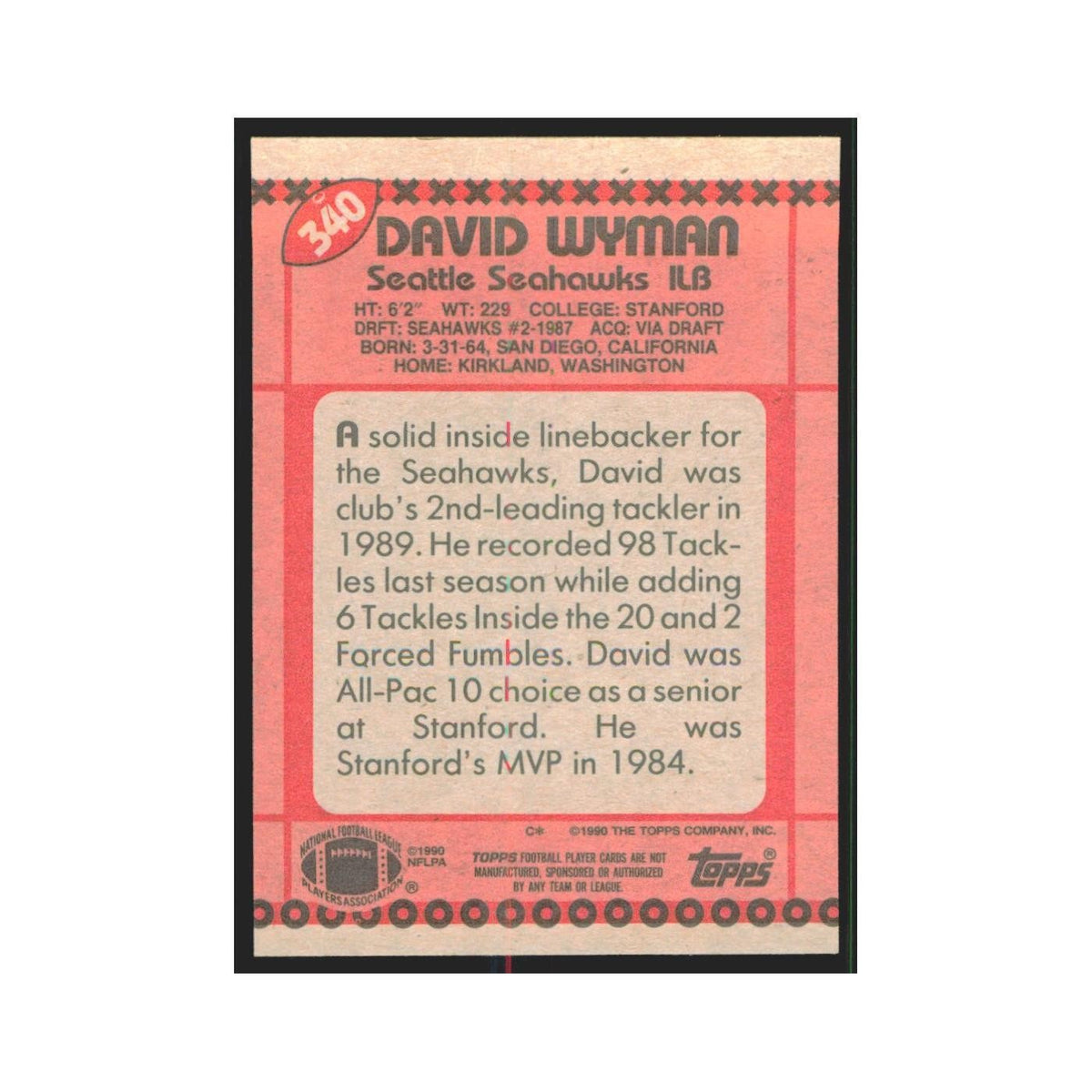 1990 Topps David Wyman Seahawks #340