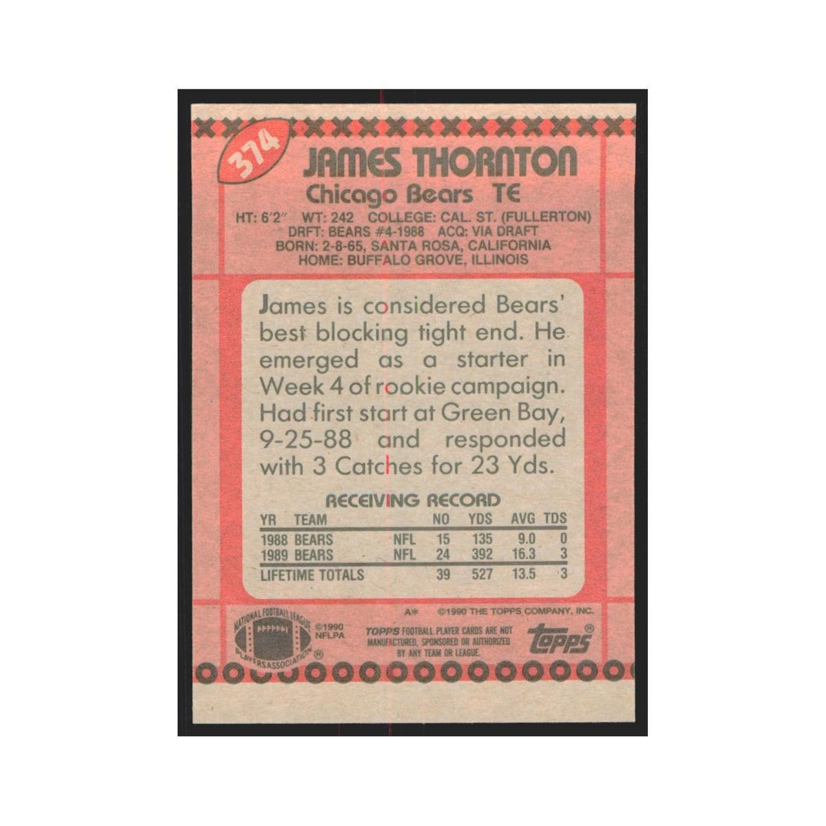 1990 Topps James Thornton Bears #374