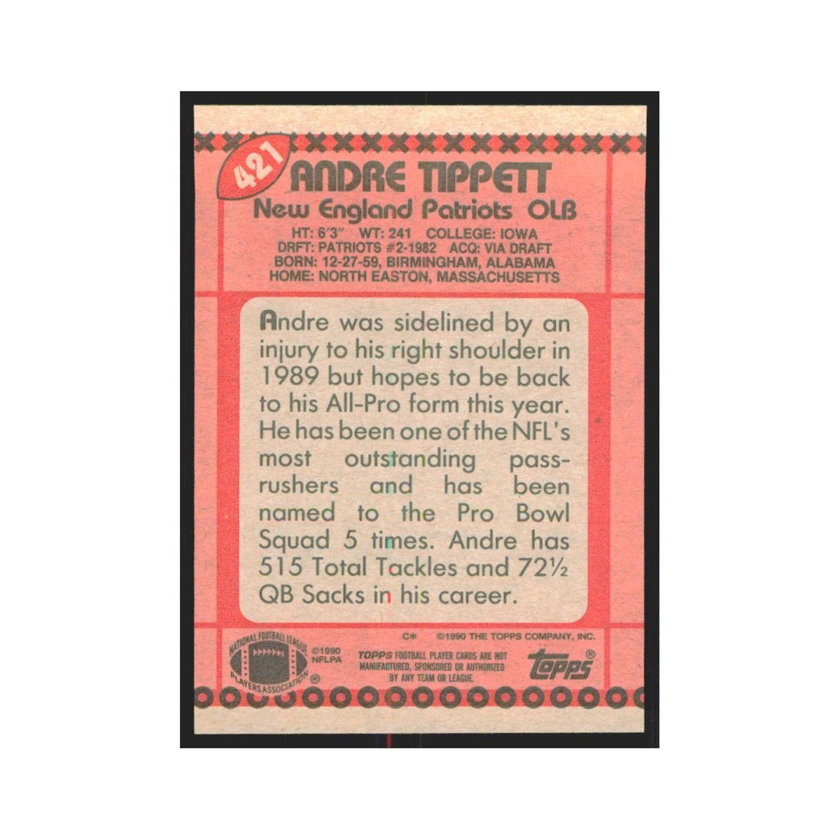 1990 Topps Andre Tippett Patriots #421