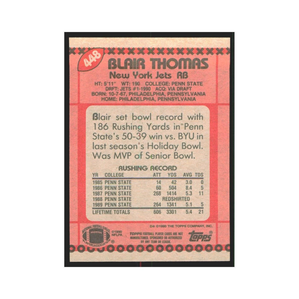 1990 Topps Blair Thomas RC Jets #448