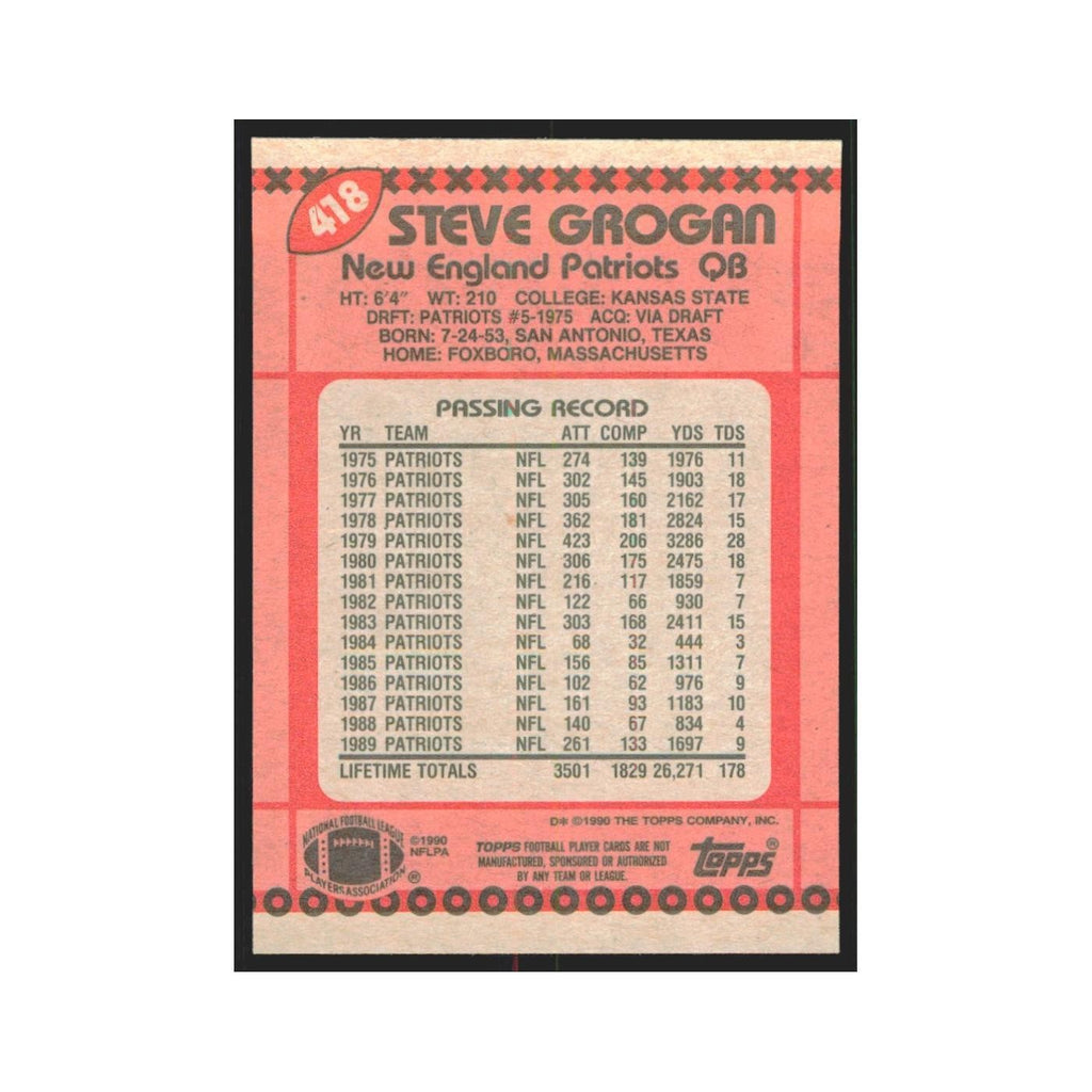 1990 Topps Steve Grogan Patriots #418