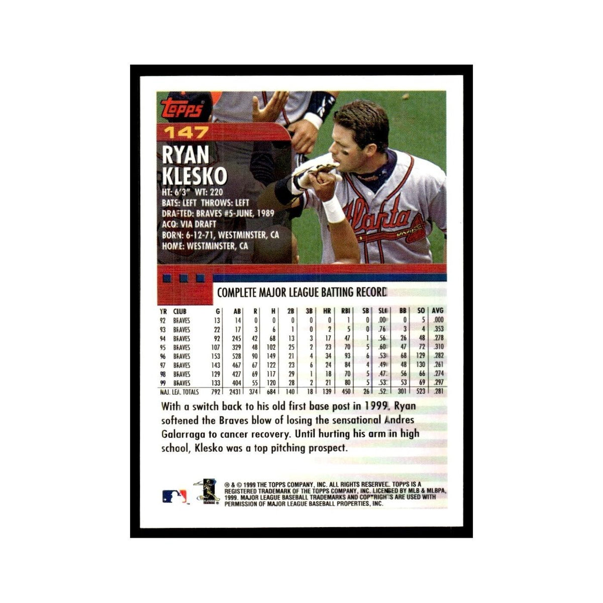 Ryan Klesko 2000 Topps #147 Atlanta Braves Baseball Card NM