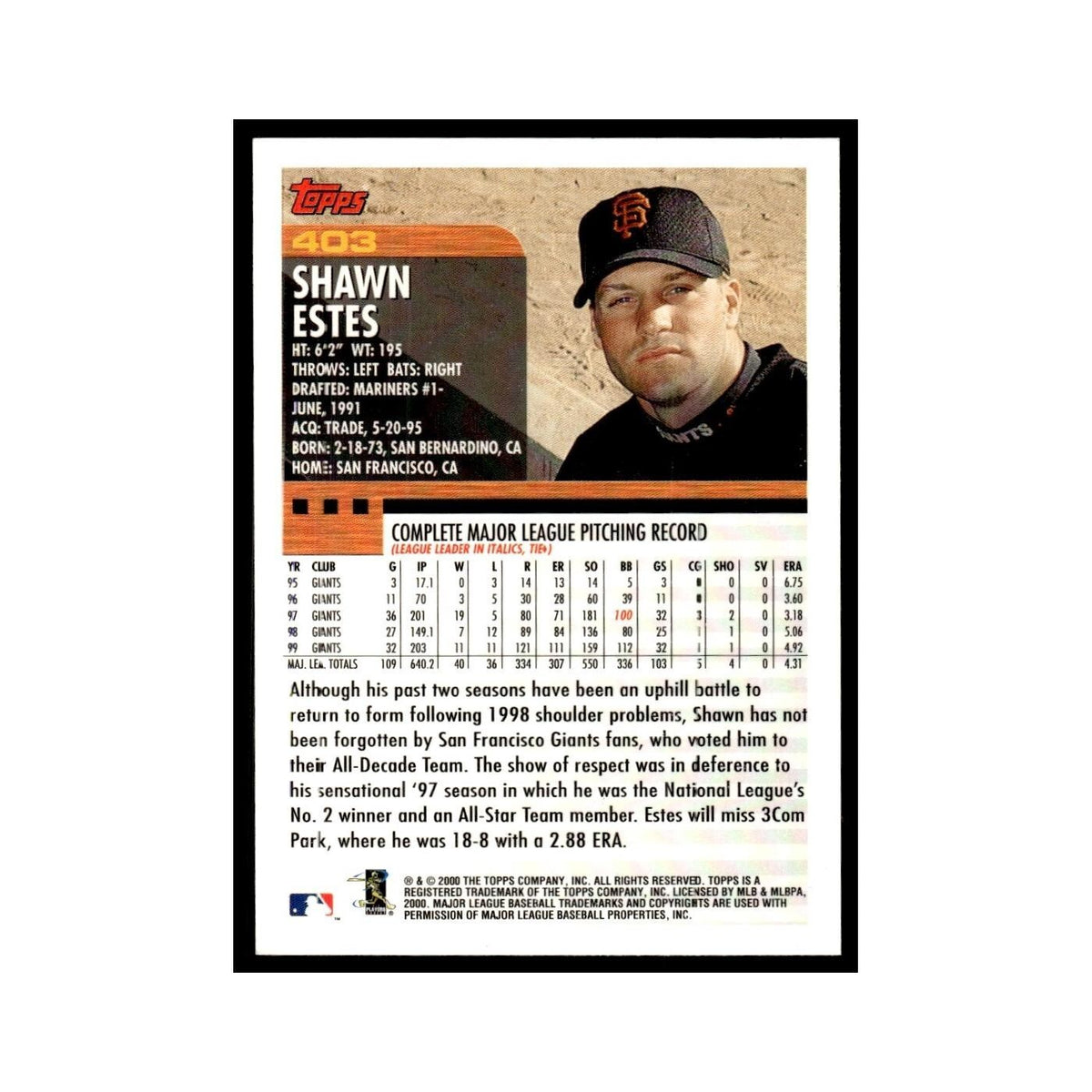 Shawn Estes 2000 Topps #403 San Francisco Giants Baseball Card NM