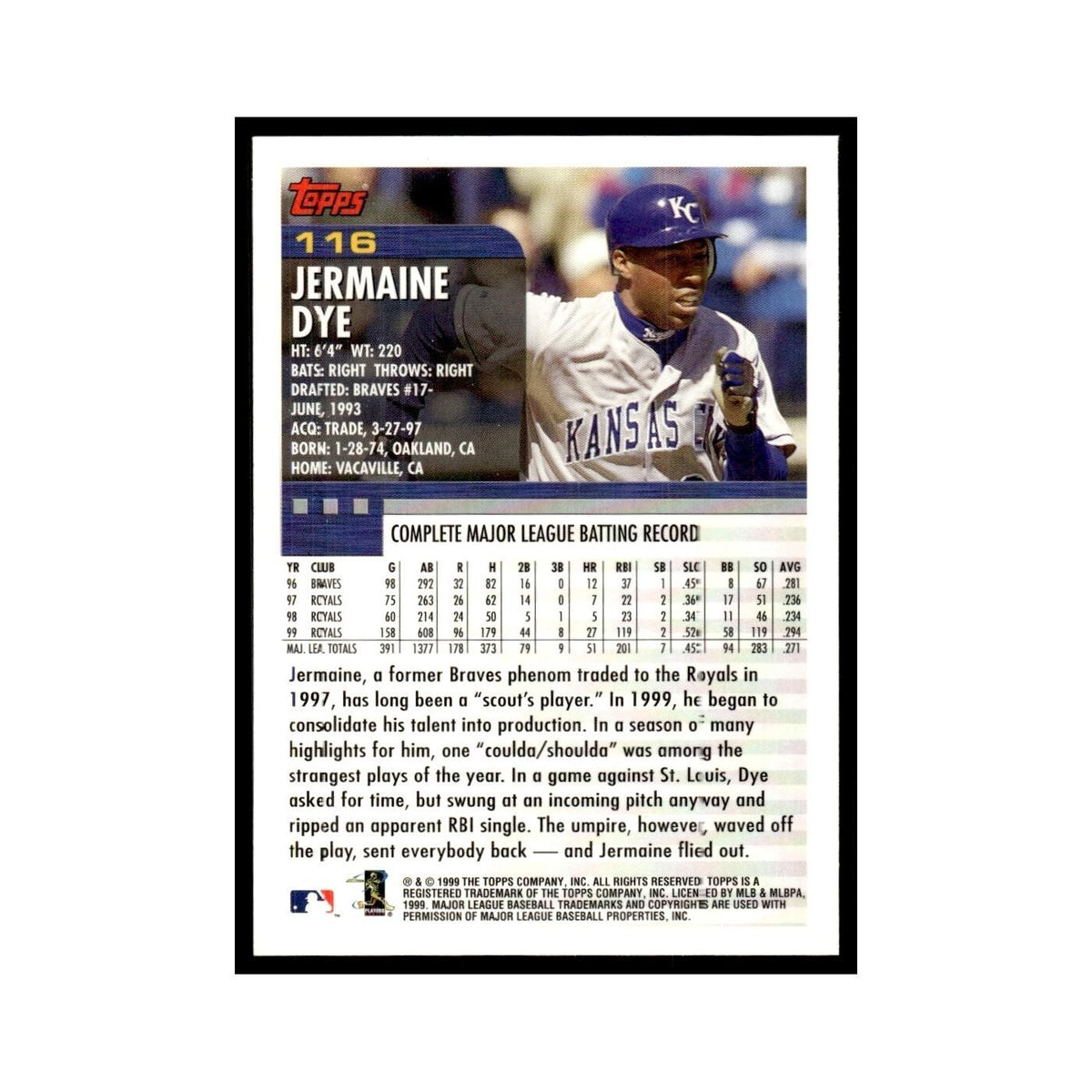 Jermaine Dye 2000 Topps #116 Kansas City Royals Baseball Card NM