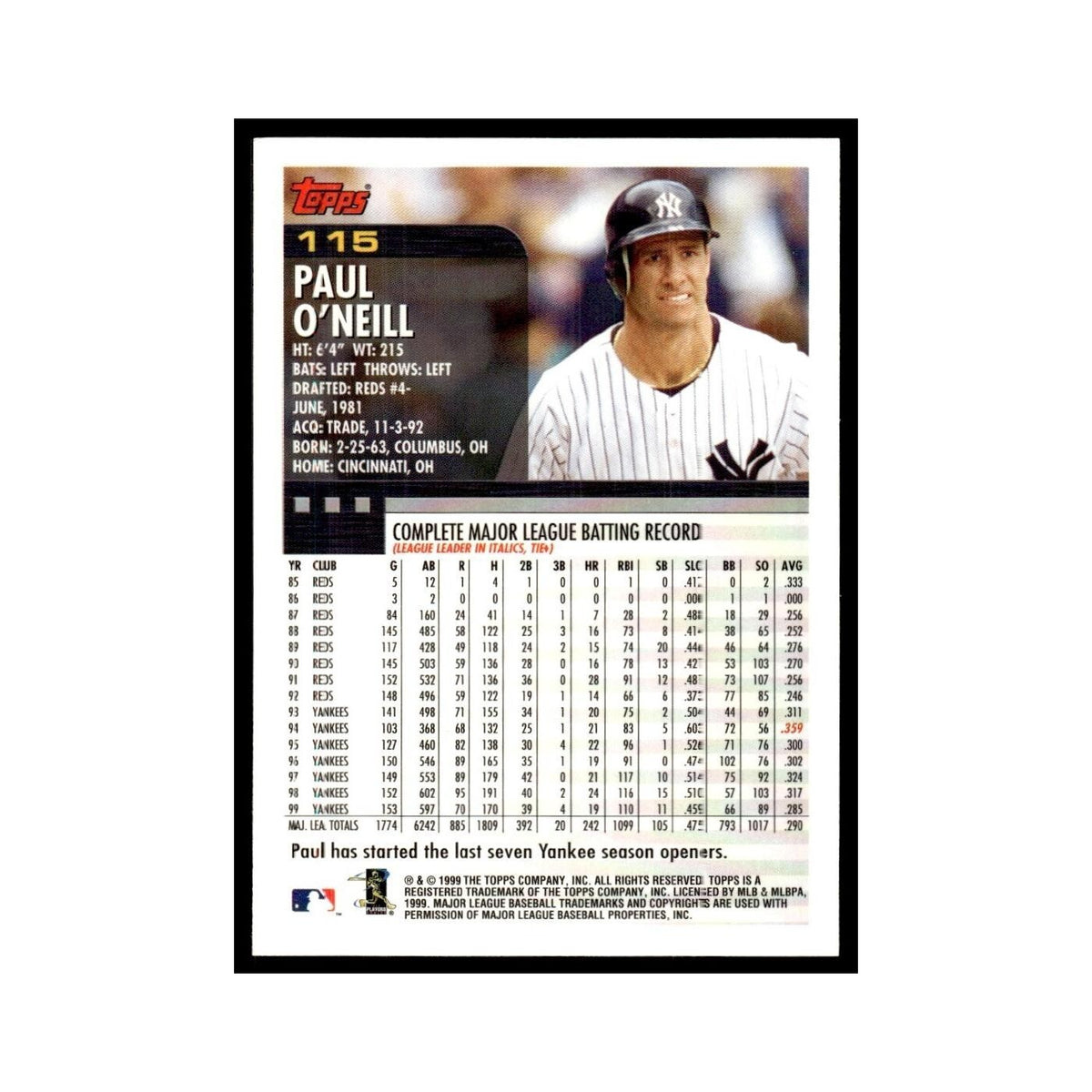 Paul O'Neill 2000 Topps #115 New York Yankees Baseball Card NM