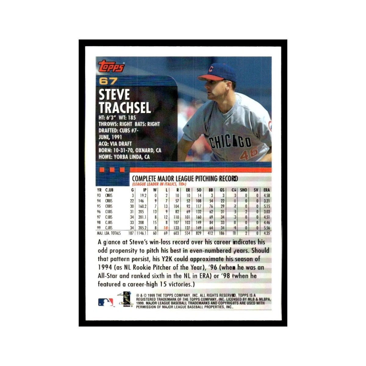 Steve Trachsel 2000 Topps #67 Chicago Cubs Baseball Card NM