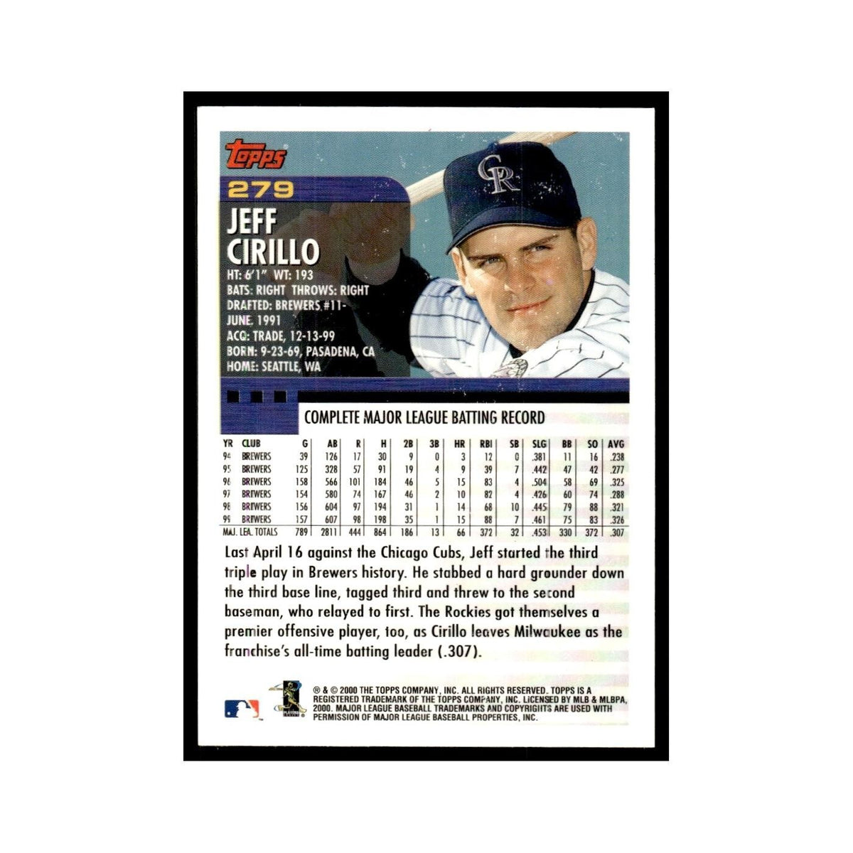 Jeff Cirillo 2000 Topps #279 Colorado Rockies Baseball Card NM