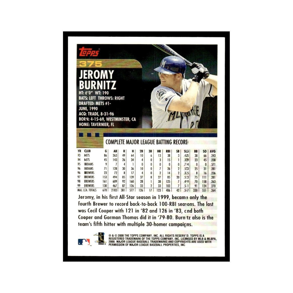 Jeromy Burnitz 2000 Topps #375 Milwaukee Brewers Baseball Card NM