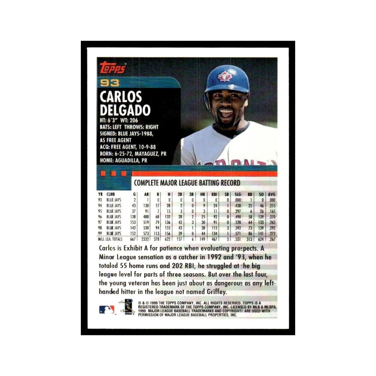 Carlos Delgado 2000 Topps #93 Toronto Blue Jays Baseball Card NM