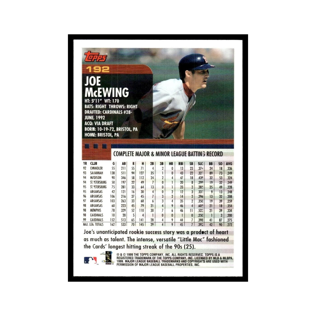 Joe McEwing 2000 Topps #192 St. Louis Cardinals Baseball Card NM