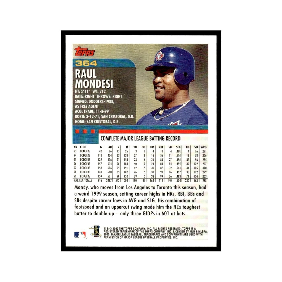 Raul Mondesi 2000 Topps #364 Toronto Blue Jays Baseball Card NM