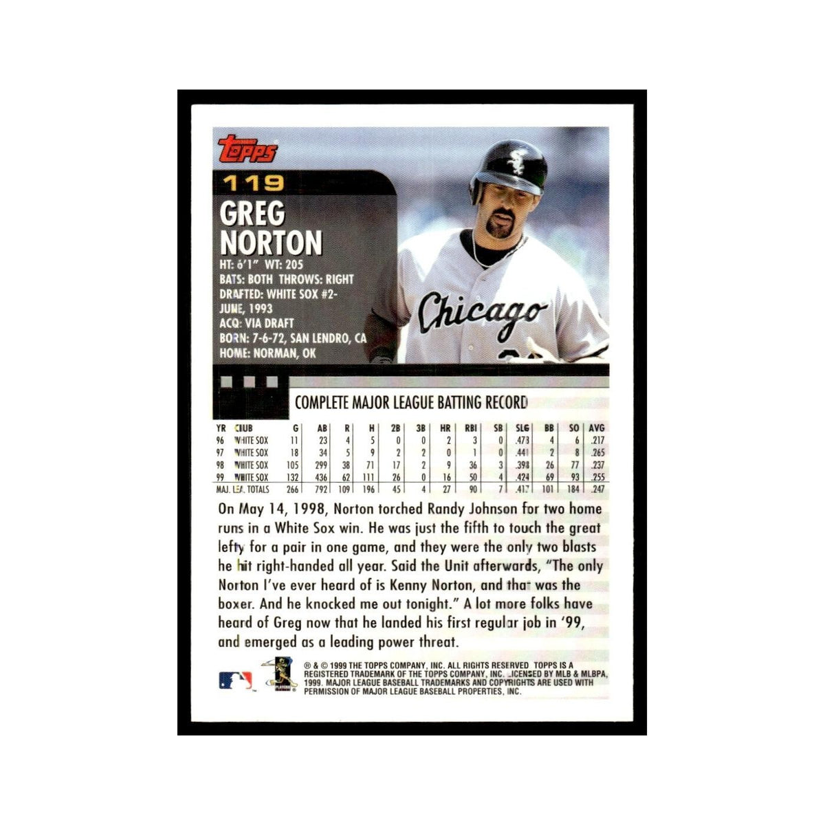 Greg Norton 2000 Topps #119 Chicago White Sox Baseball Card NM
