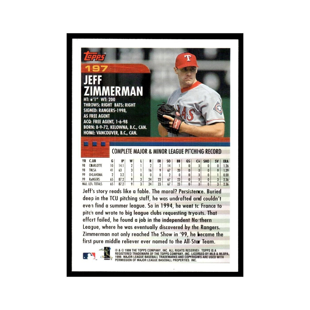 Jeff Zimmerman 2000 Topps #197 Texas Rangers Baseball Card NM