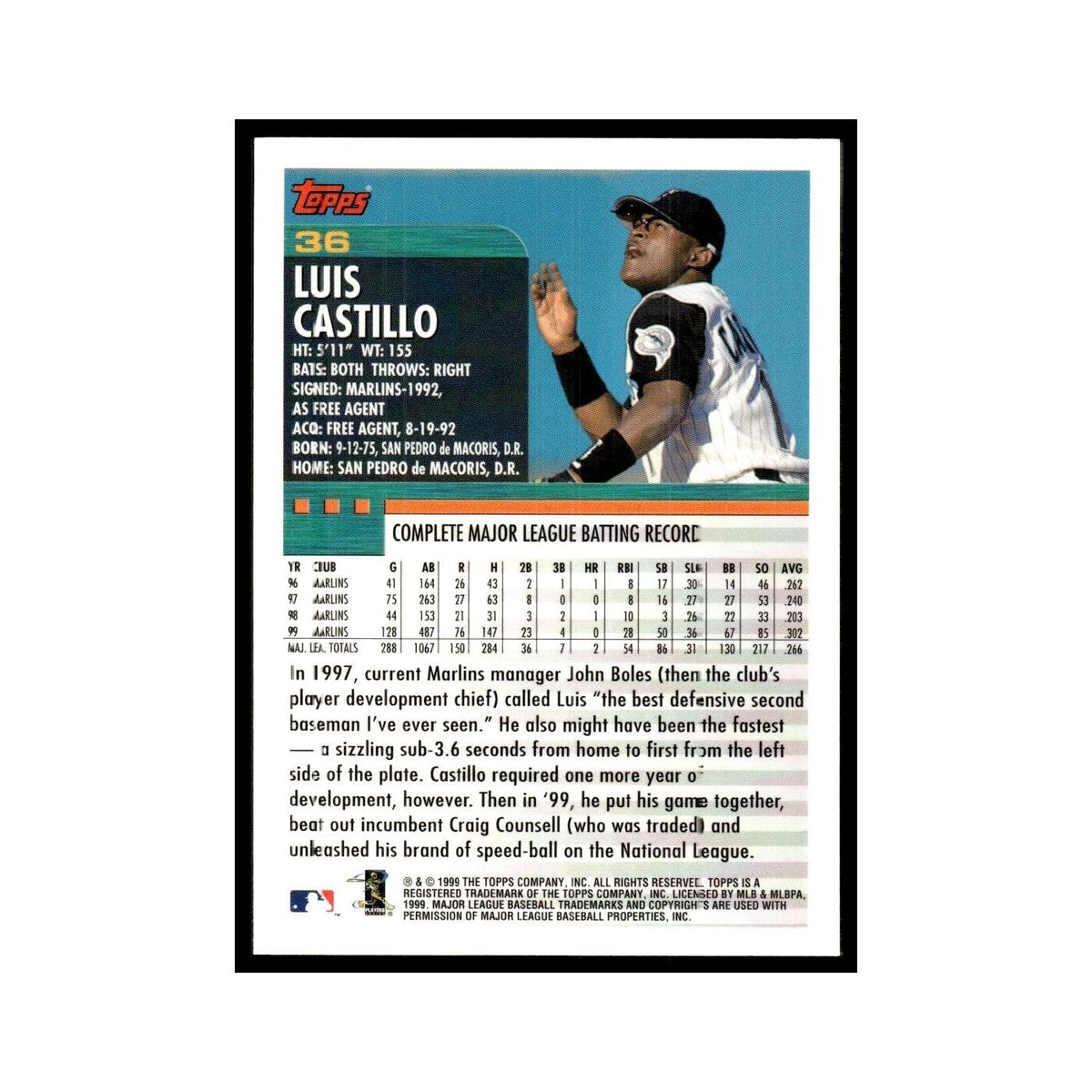 Luis Castillo 2000 Topps #36 Florida Marlins Baseball Card NM