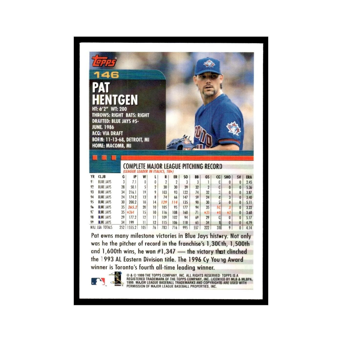 Pat Hentgen 2000 Topps #146 Toronto Blue Jays Baseball Card NM