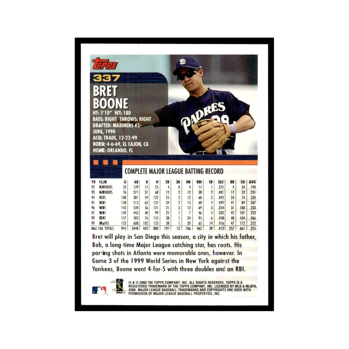 Bret Boone 2000 Topps #337 San Diego Padres Baseball Card NM