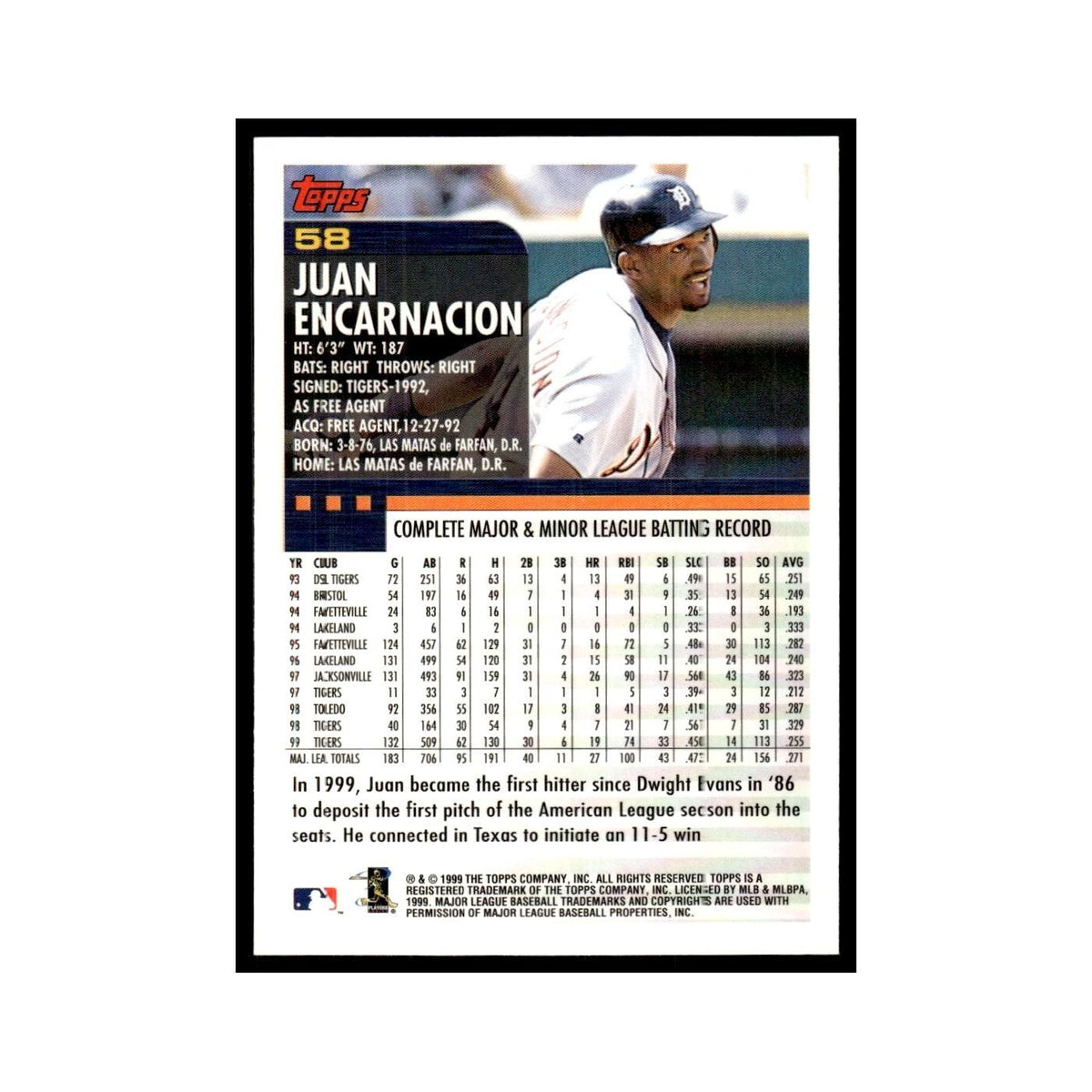 Juan Encarnacion 2000 Topps #58 Detroit Tigers Baseball Card NM