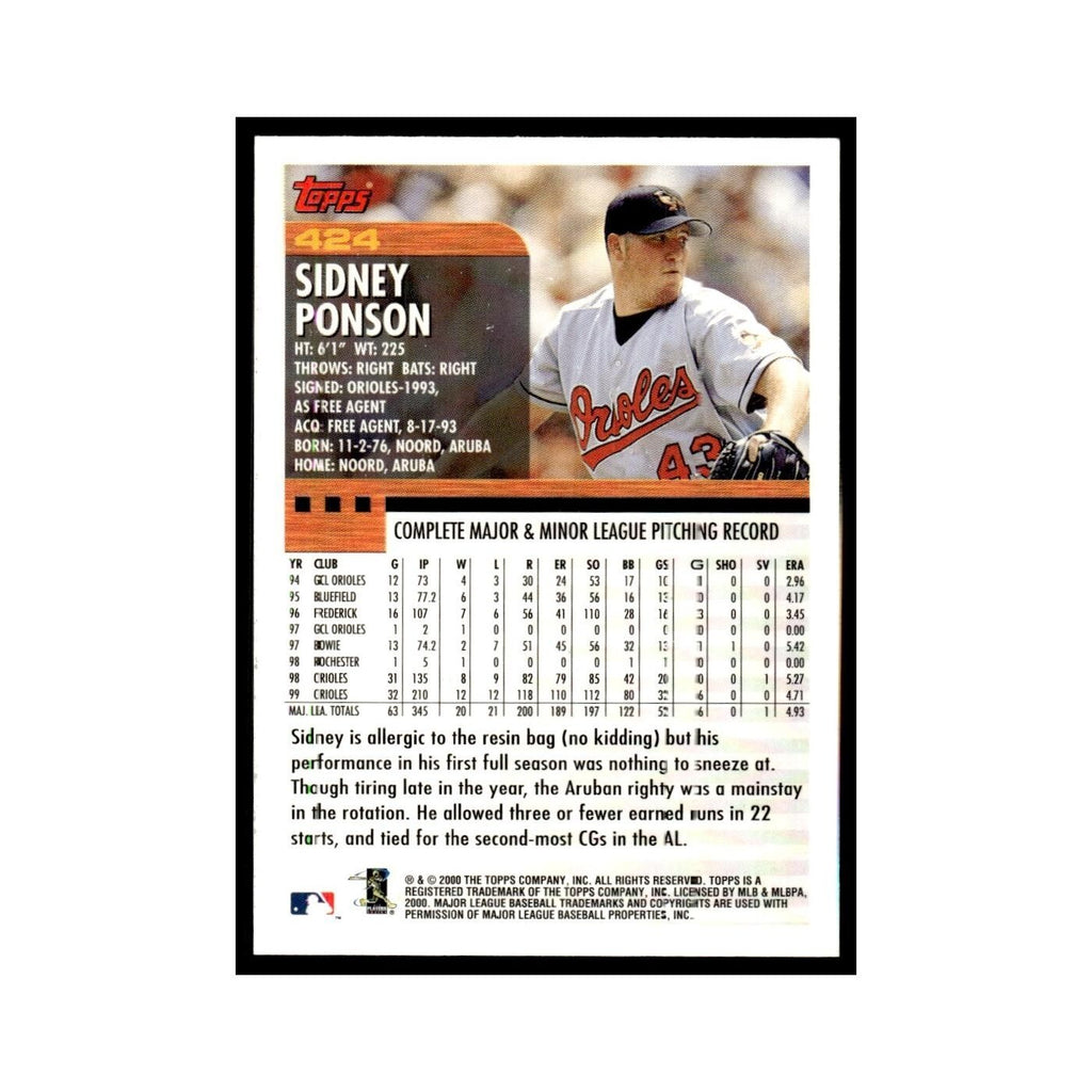 Sidney Ponson 2000 Topps #424 Baltimore Orioles Baseball Card NM