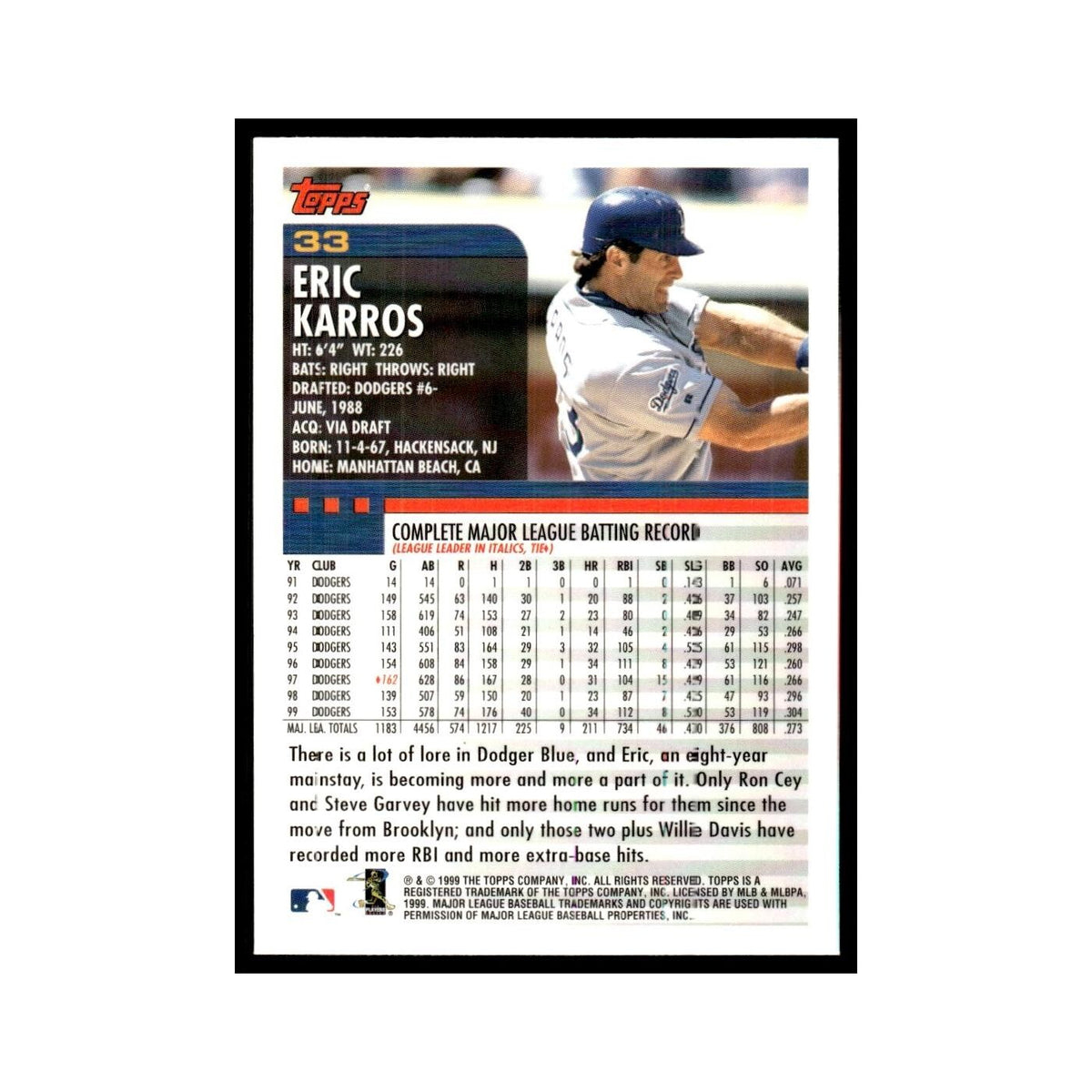 Eric Karros 2000 Topps #33 Los Angeles Dodgers Baseball Card NM