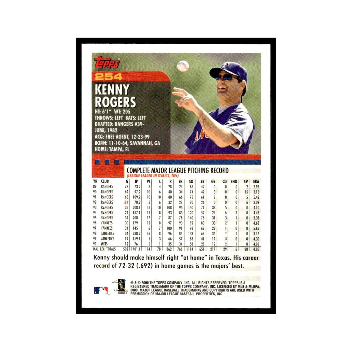 Kenny Rogers 2000 Topps #254 Texas Rangers Baseball Card NM