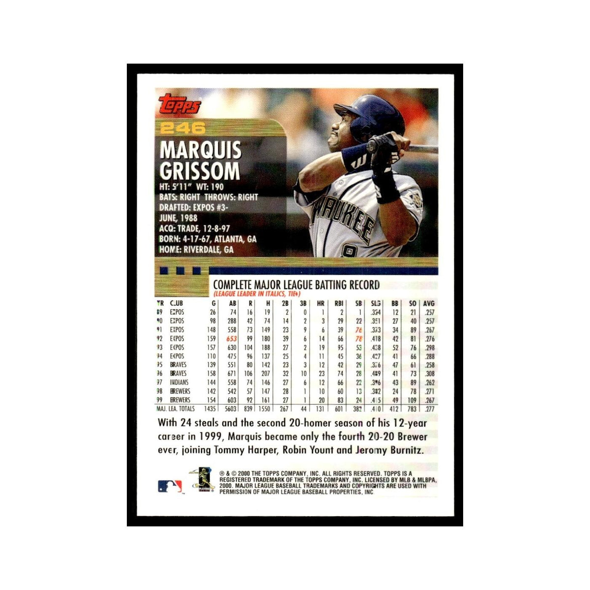 Marquis Grissom 2000 Topps #246 Milwaukee Brewers Baseball Card NM