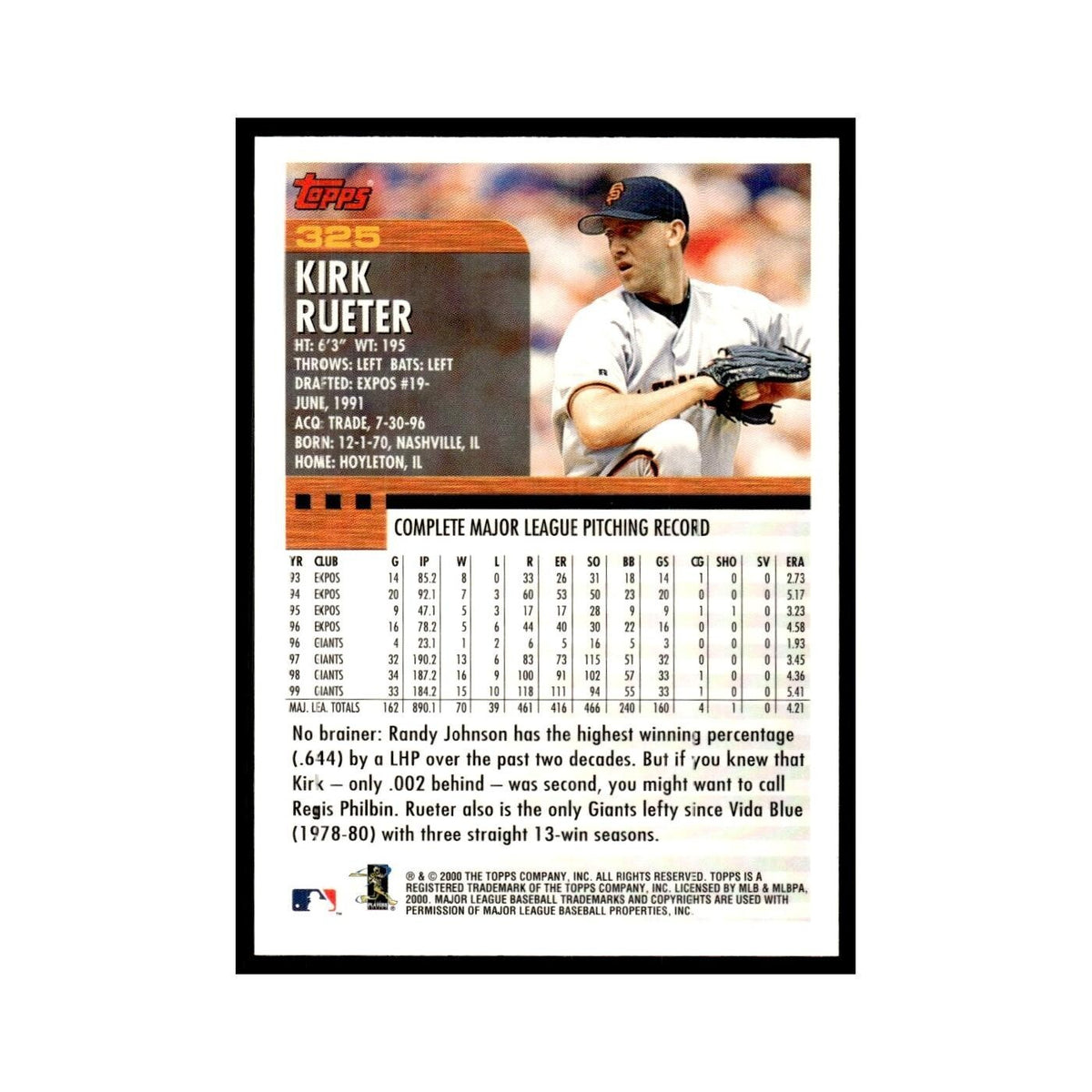 Kirk Rueter 2000 Topps #325 San Francisco Giants Baseball Card NM