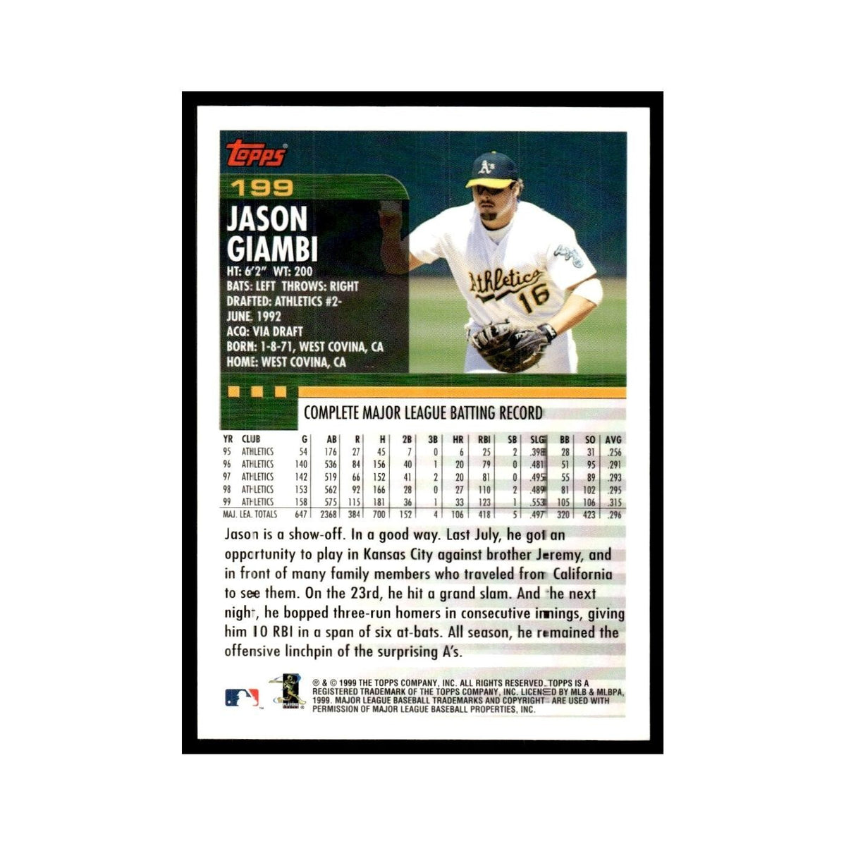 Jason Giambi 2000 Topps #199 Oakland Athletics Baseball Card NM